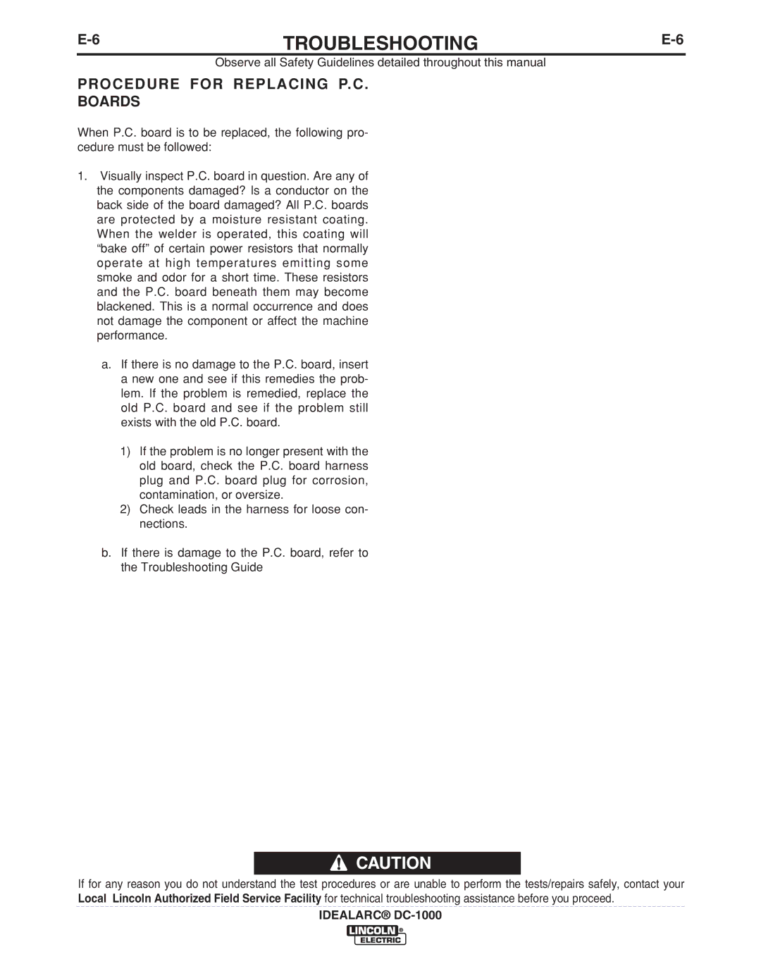 Lincoln Electric IM420-D manual 6TROUBLESHOOTINGE-6, Procedure for Replacing P.C Boards 