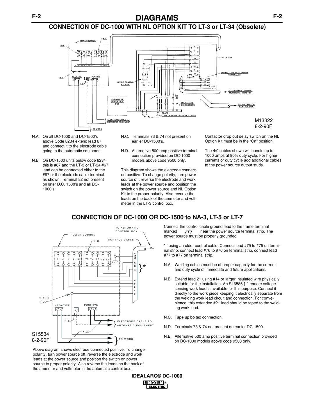 Lincoln Electric IM420-D manual Connection of DC-1000 or DC-1500 to NA-3, LT-5 or LT-7, M13322 90F, S15534 90F 