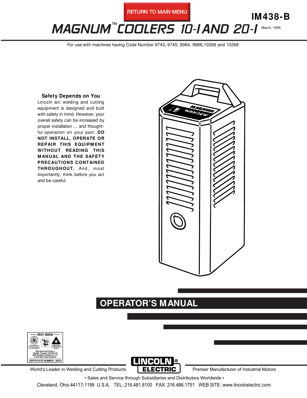 Lincoln Electric IM438-B manual Magnumcoolers 10-I and 20-I March 