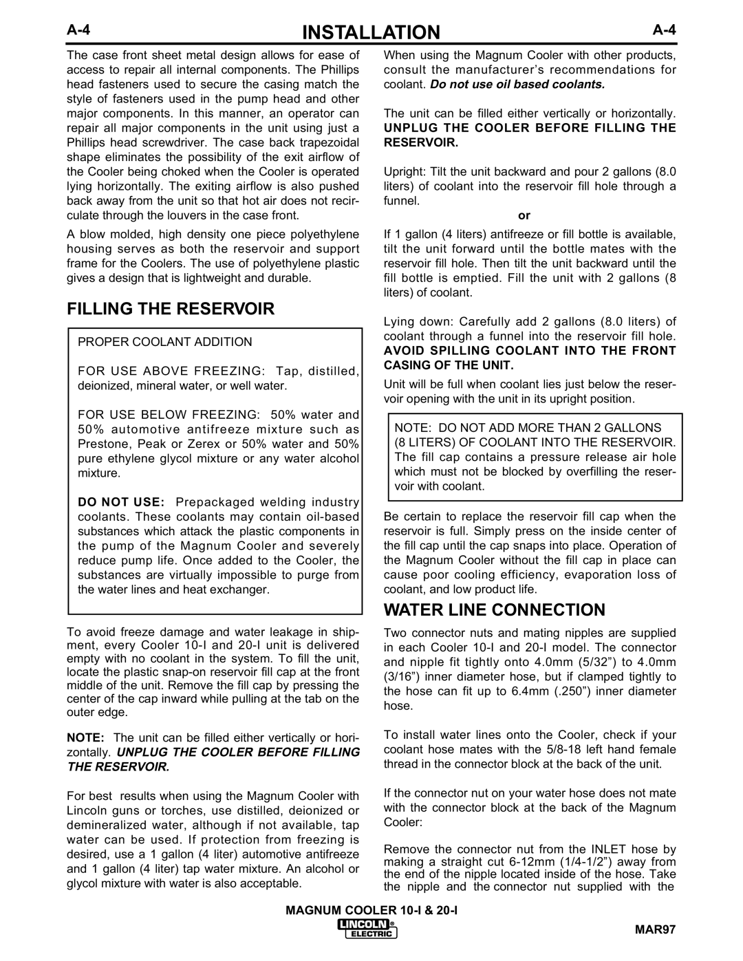 Lincoln Electric IM438-B manual Filling the Reservoir, Water Line Connection, Proper Coolant Addition 