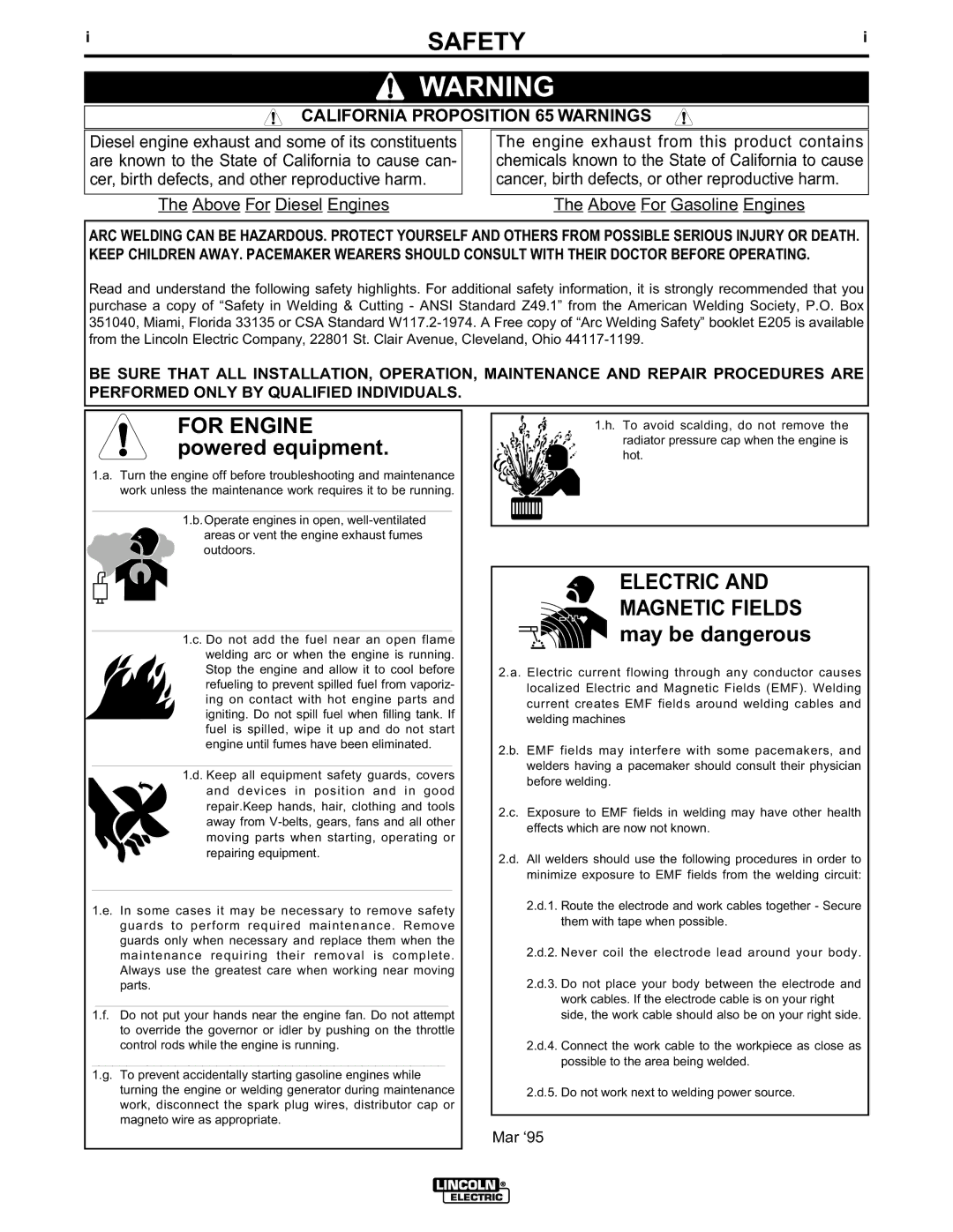 Lincoln Electric IM438-B manual Safety, California Proposition 65 Warnings 