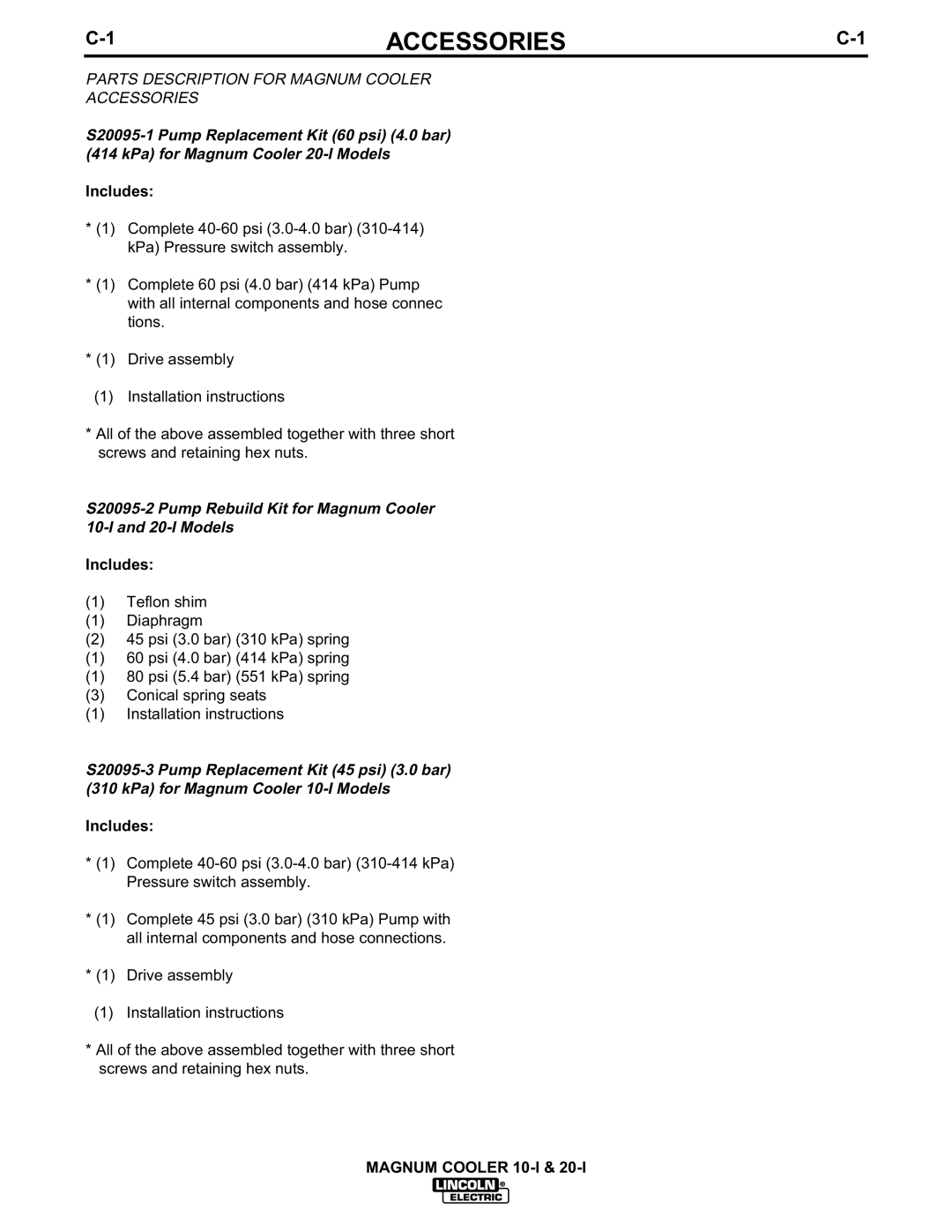 Lincoln Electric IM438-B manual Parts Description for Magnum Cooler Accessories 