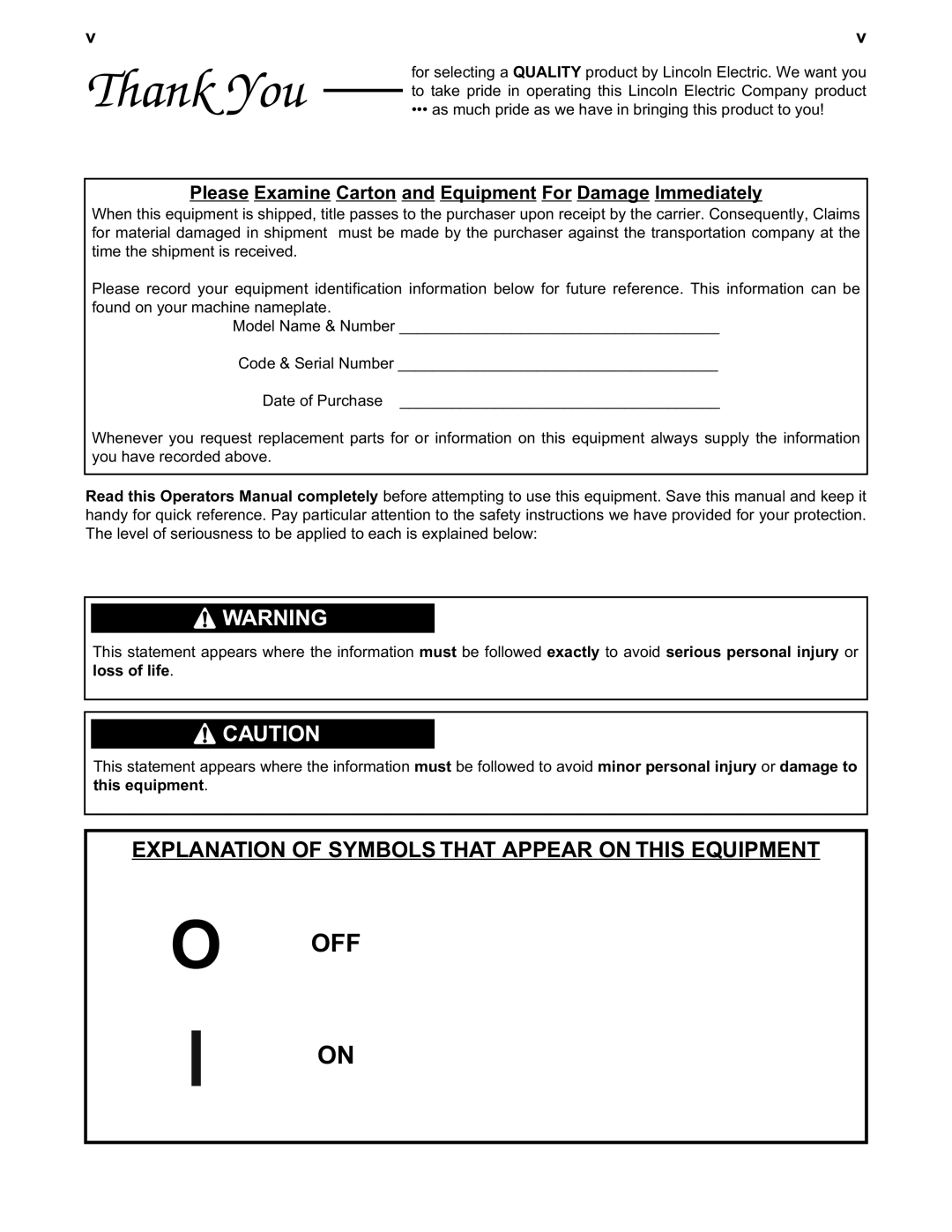 Lincoln Electric IM438-B manual Off, Explanation of Symbols That Appear on this Equipment 