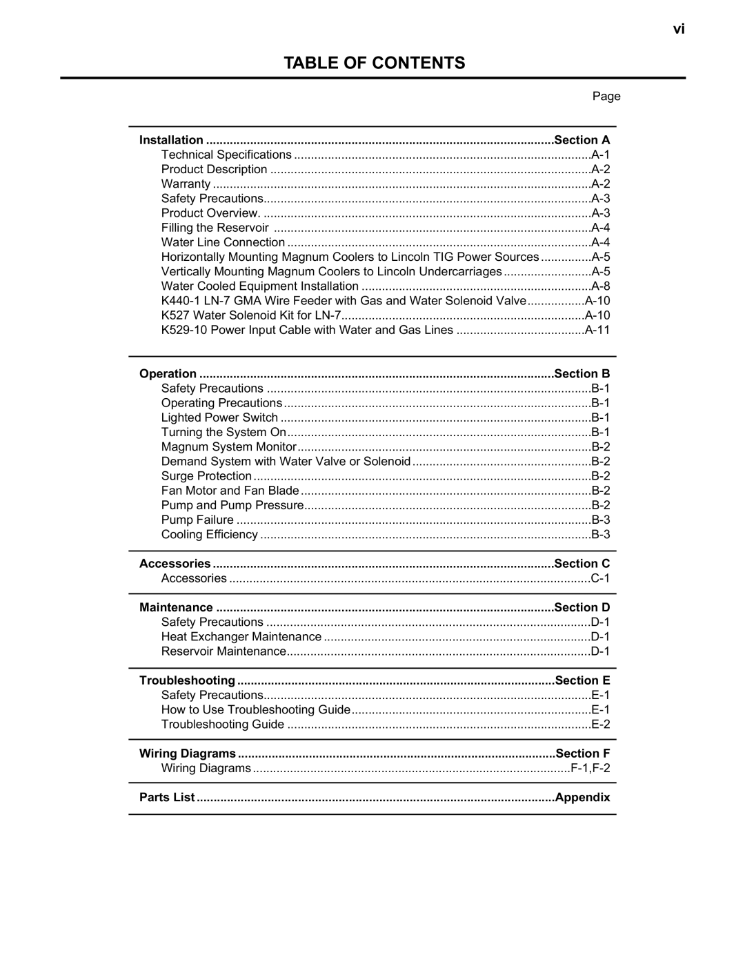 Lincoln Electric IM438-B manual Table of Contents 