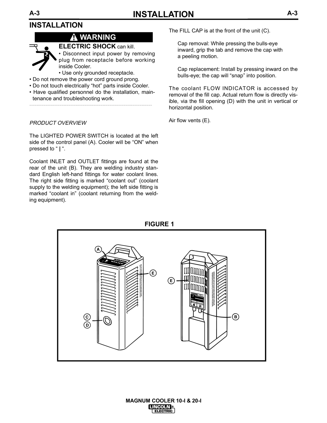 Lincoln Electric IM438-B manual Installation, ELECTRIC SHOCK can kill, Magnum Cooler 