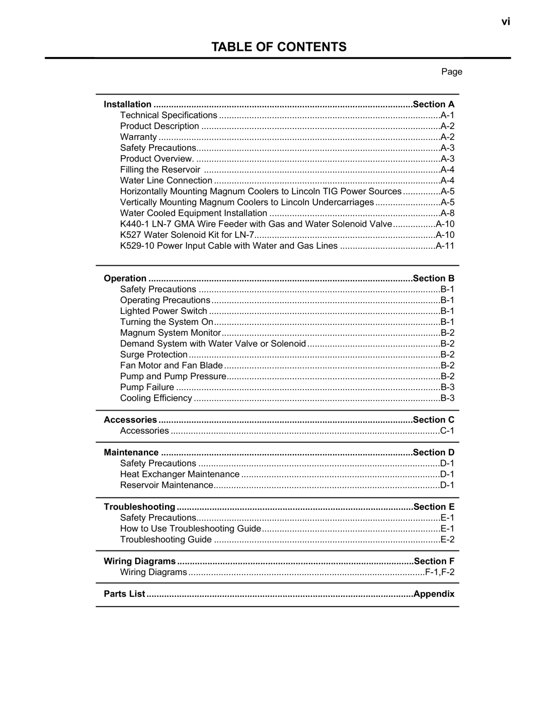 Lincoln Electric IM438-B Table Of Contents, Section A, Section B, Section C, Section D, Section E, Section F, Appendix 