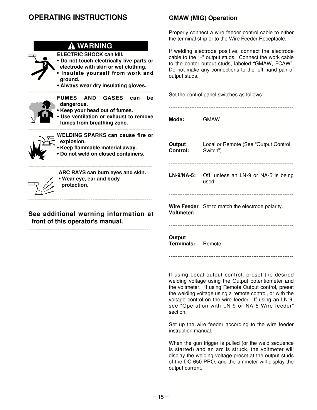 Lincoln Electric IM463-A manual Operating Instructions, Mode Gmaw, Control Switch, Voltmeter Output Terminals Remote 