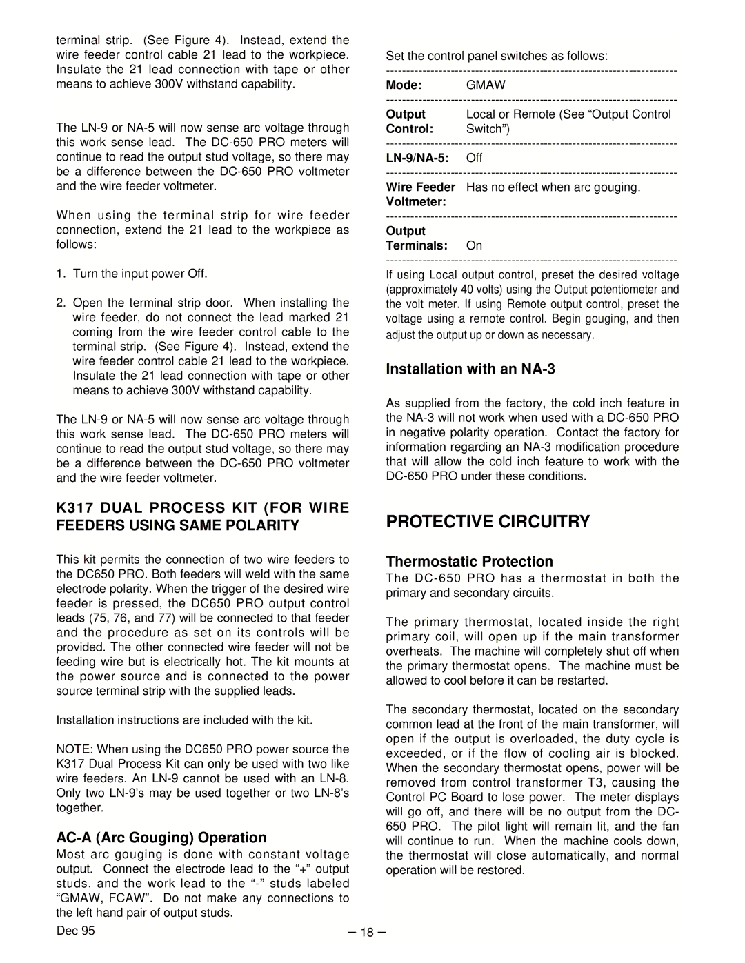 Lincoln Electric IM463-A manual Protective Circuitry, AC-A Arc Gouging Operation, Installation with an NA-3 