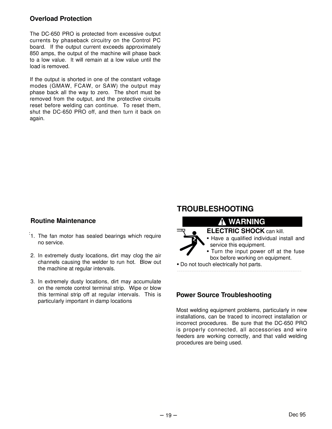 Lincoln Electric IM463-A manual Overload Protection, Routine Maintenance, Power Source Troubleshooting 