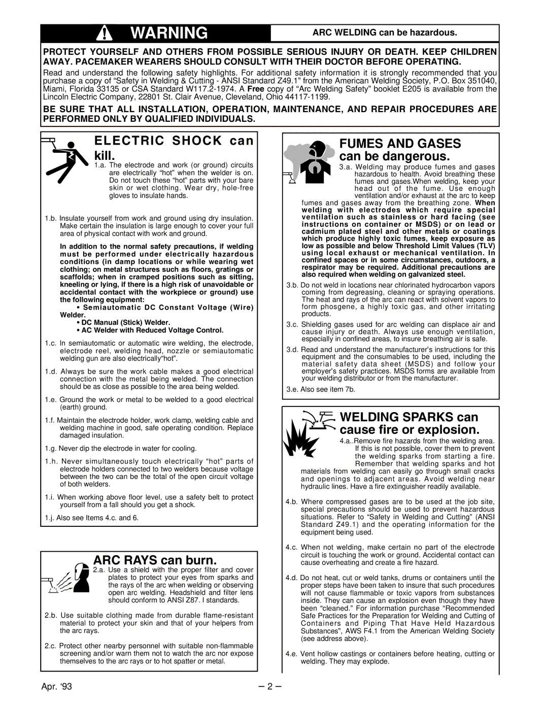 Lincoln Electric IM463-A manual Electric Shock can kill, ARC Welding can be hazardous 