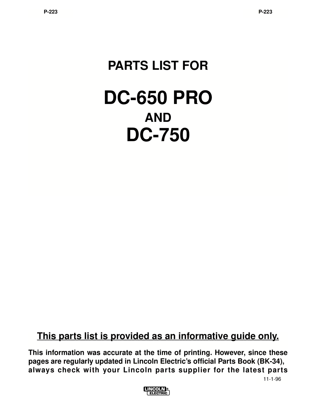 Lincoln Electric IM463-A manual DC-650 PRO DC-750, 223 