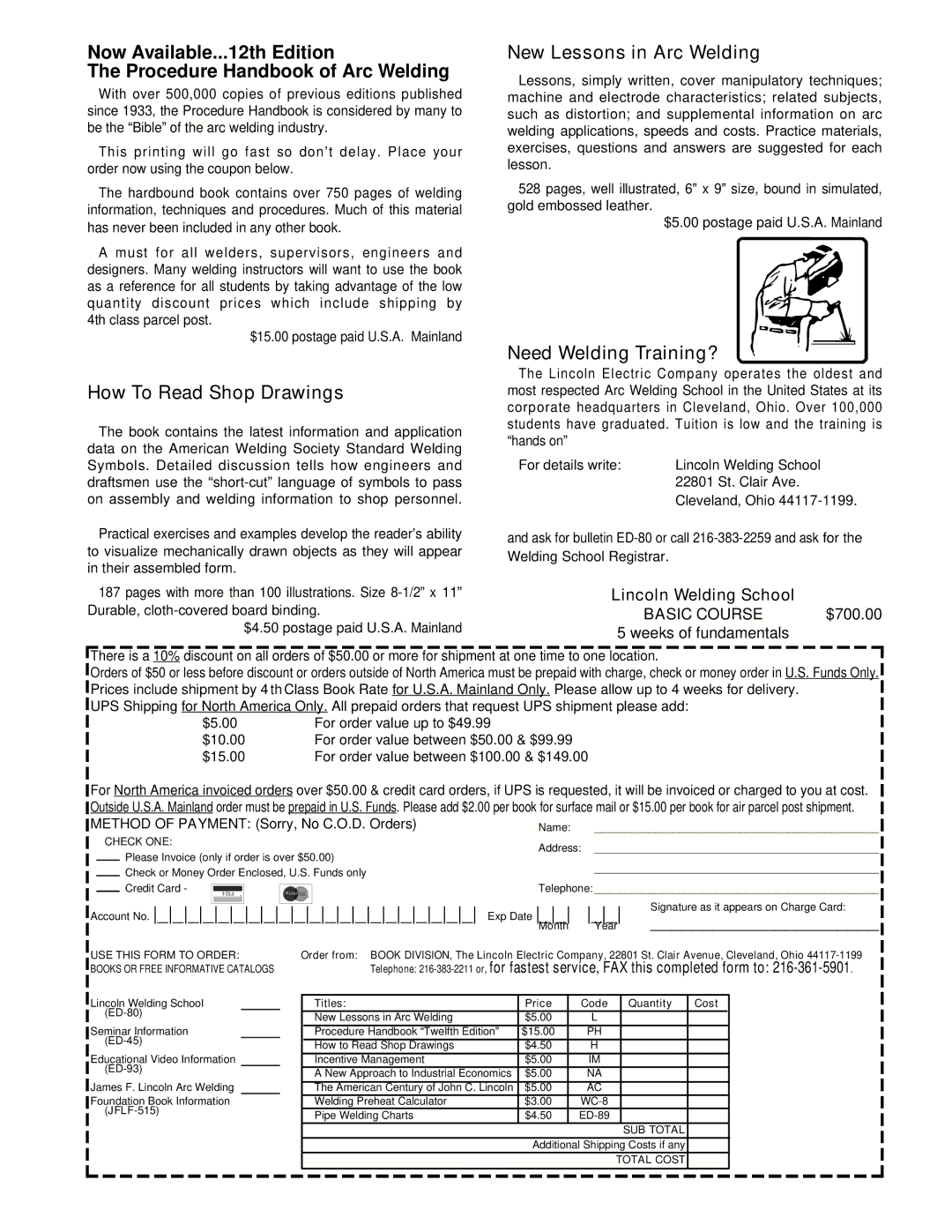 Lincoln Electric IM463-A manual How To Read Shop Drawings, New Lessons in Arc Welding, Need Welding Training?, $700.00 