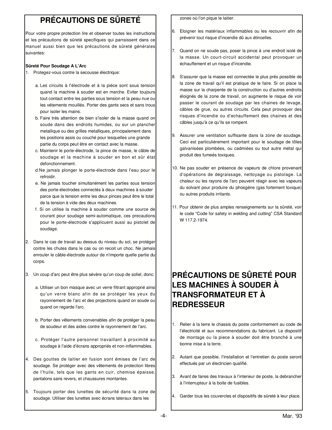 Lincoln Electric IM463-A manual Précautions DE Sûreté, Sûreté Pour Soudage a L’Arc 