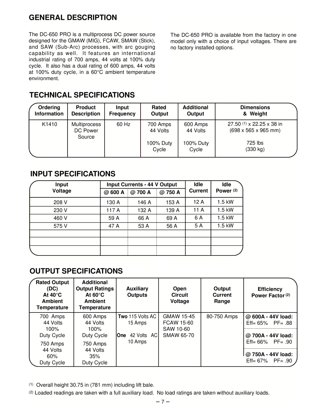 Lincoln Electric IM463-A manual General Description, Technical Specifications, Input Specifications, Output Specifications 