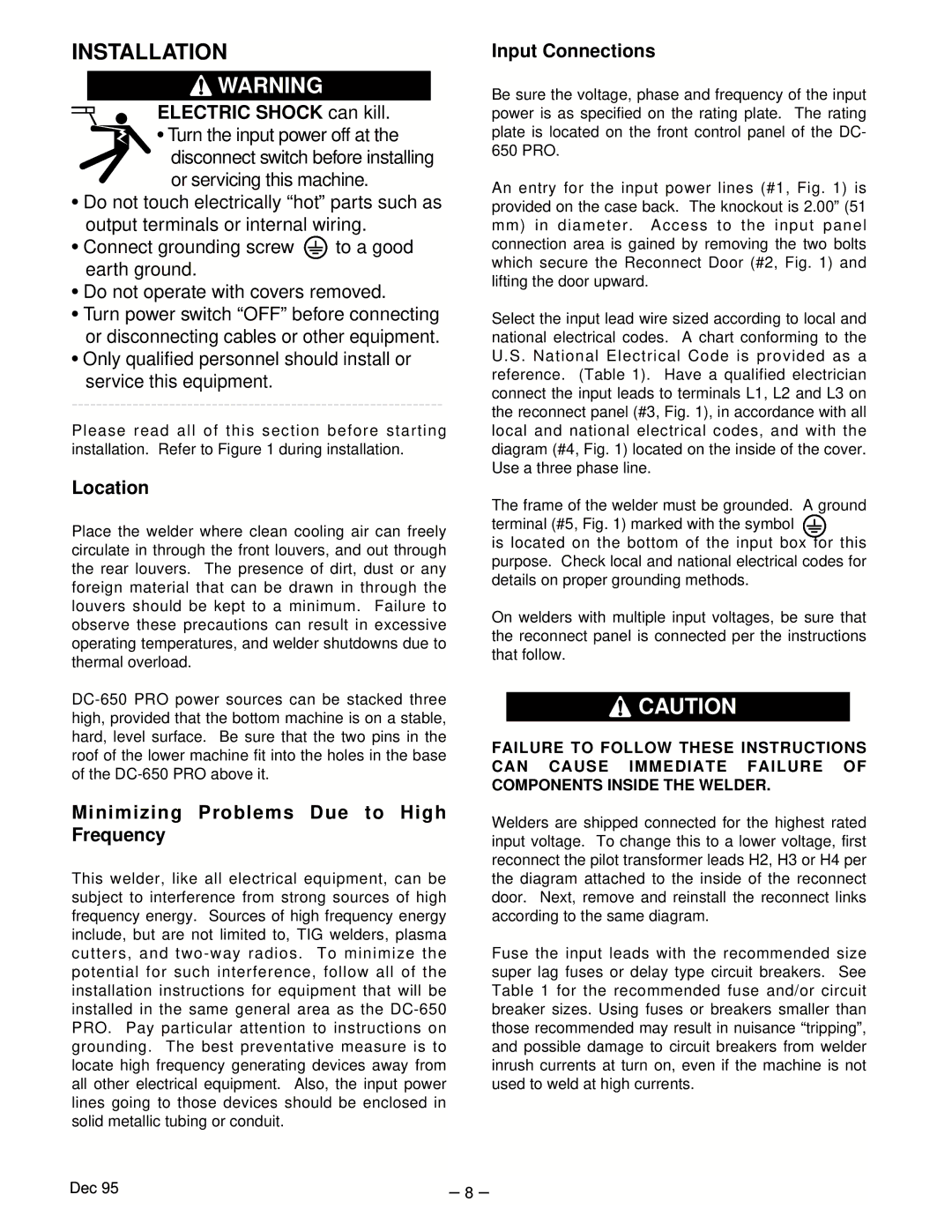 Lincoln Electric IM463-A manual Installation, Electric Shock can kill, Location, Minimizing Problems Due to High Frequency 