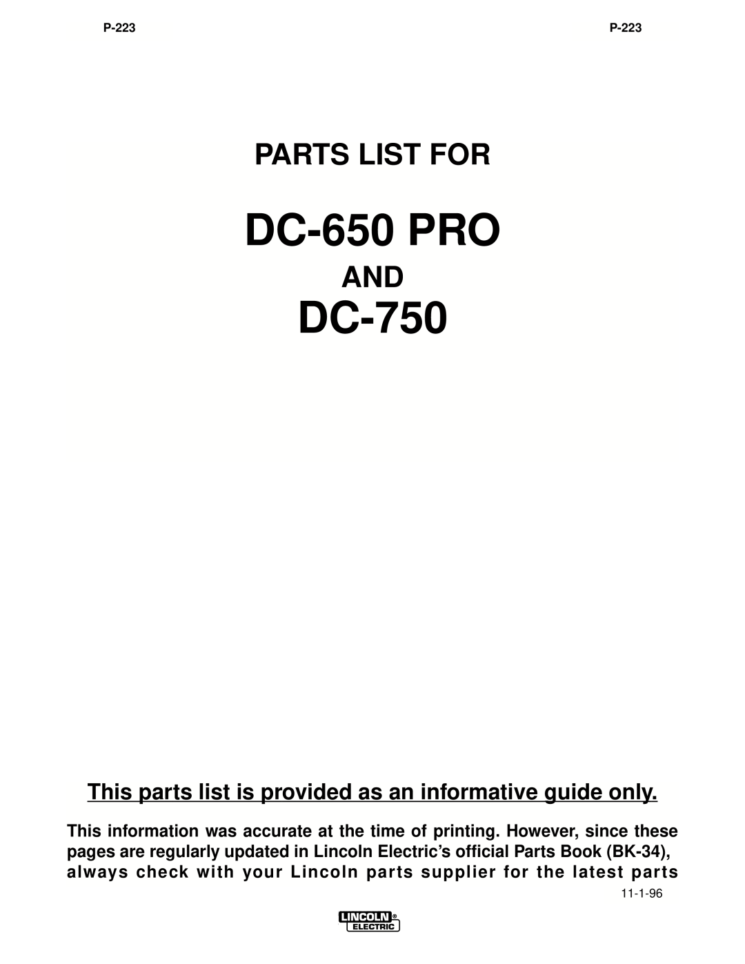 Lincoln Electric IM463-A manual DC-650PRO, DC-750, Parts List For 