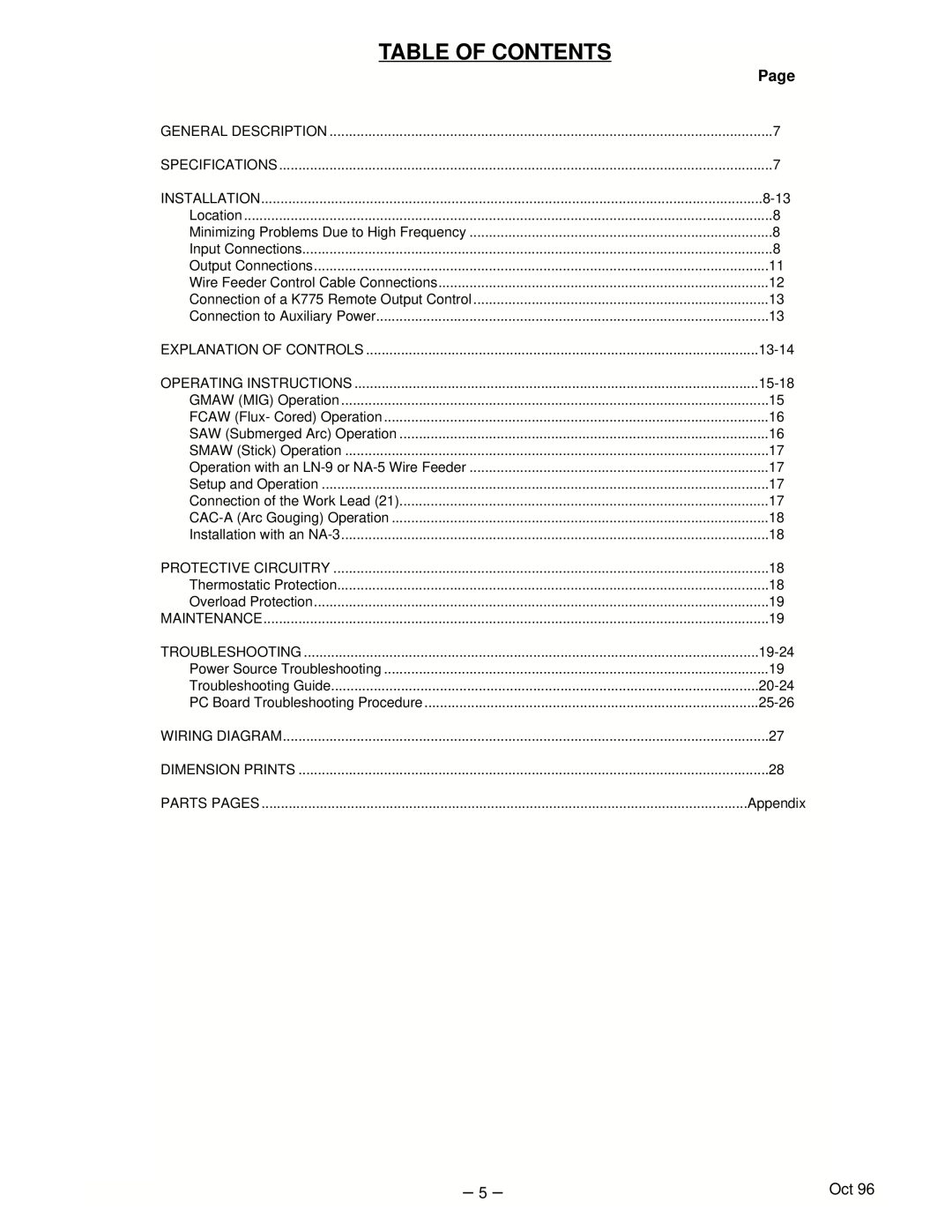 Lincoln Electric IM463-A Table Of Contents, Page, General Description, Specifications, Installation, Location, Maintenance 
