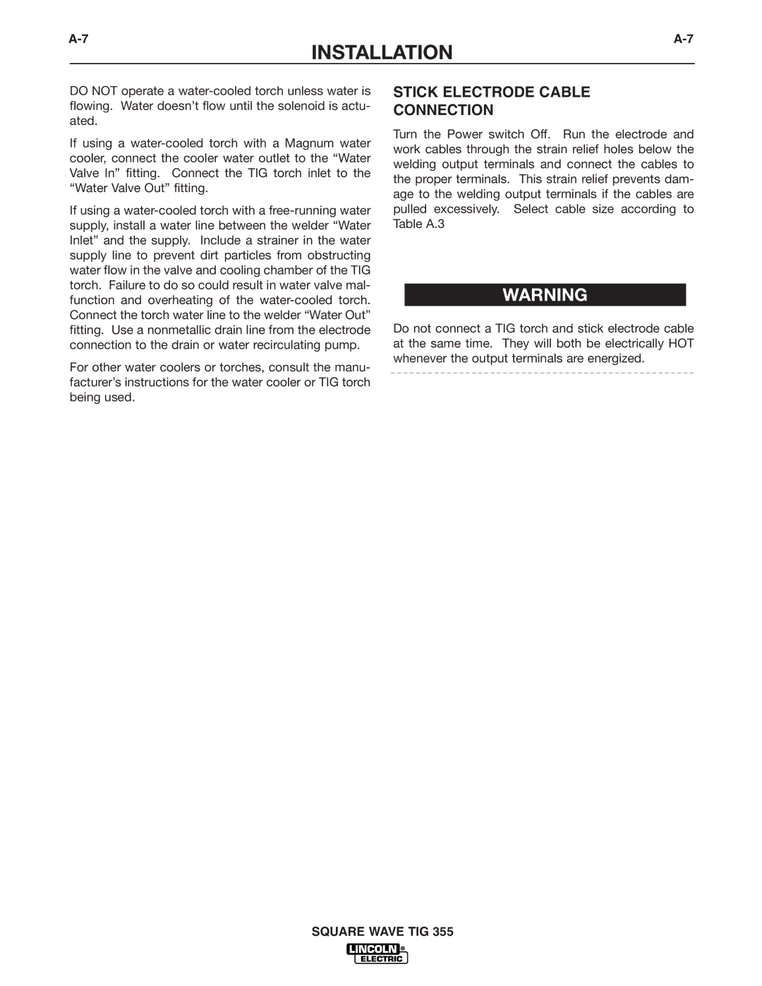 Lincoln Electric IM467-B manual Stick Electrode Cable Connection 