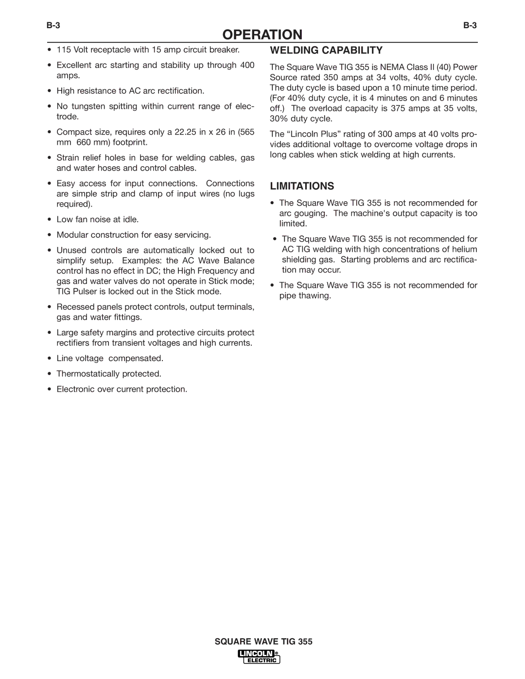 Lincoln Electric IM467-B manual Welding Capability, Limitations 