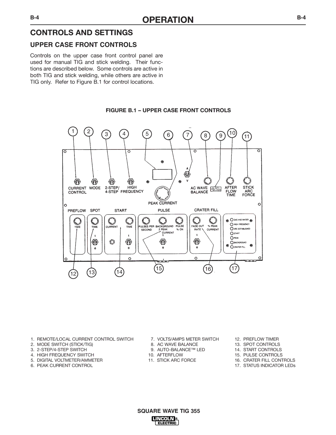 Lincoln Electric IM467-B manual Controls and Settings, Upper Case Front Controls 