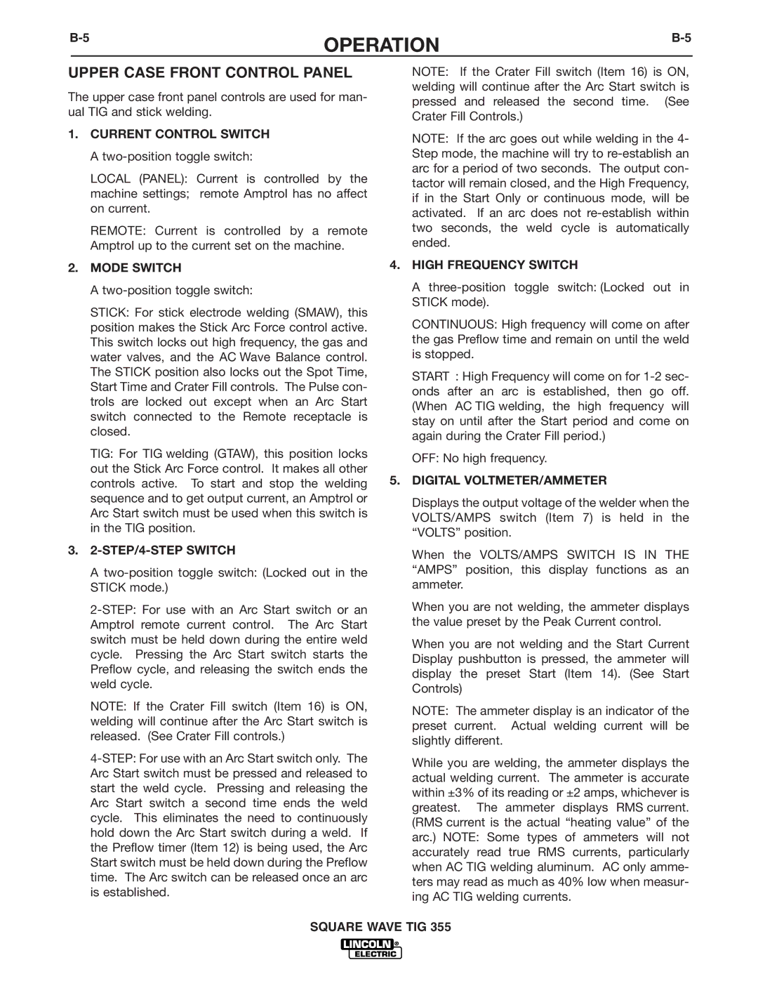 Lincoln Electric IM467-B manual Upper Case Front Control Panel, Mode Switch, STEP/4-STEP Switch, High Frequency Switch 