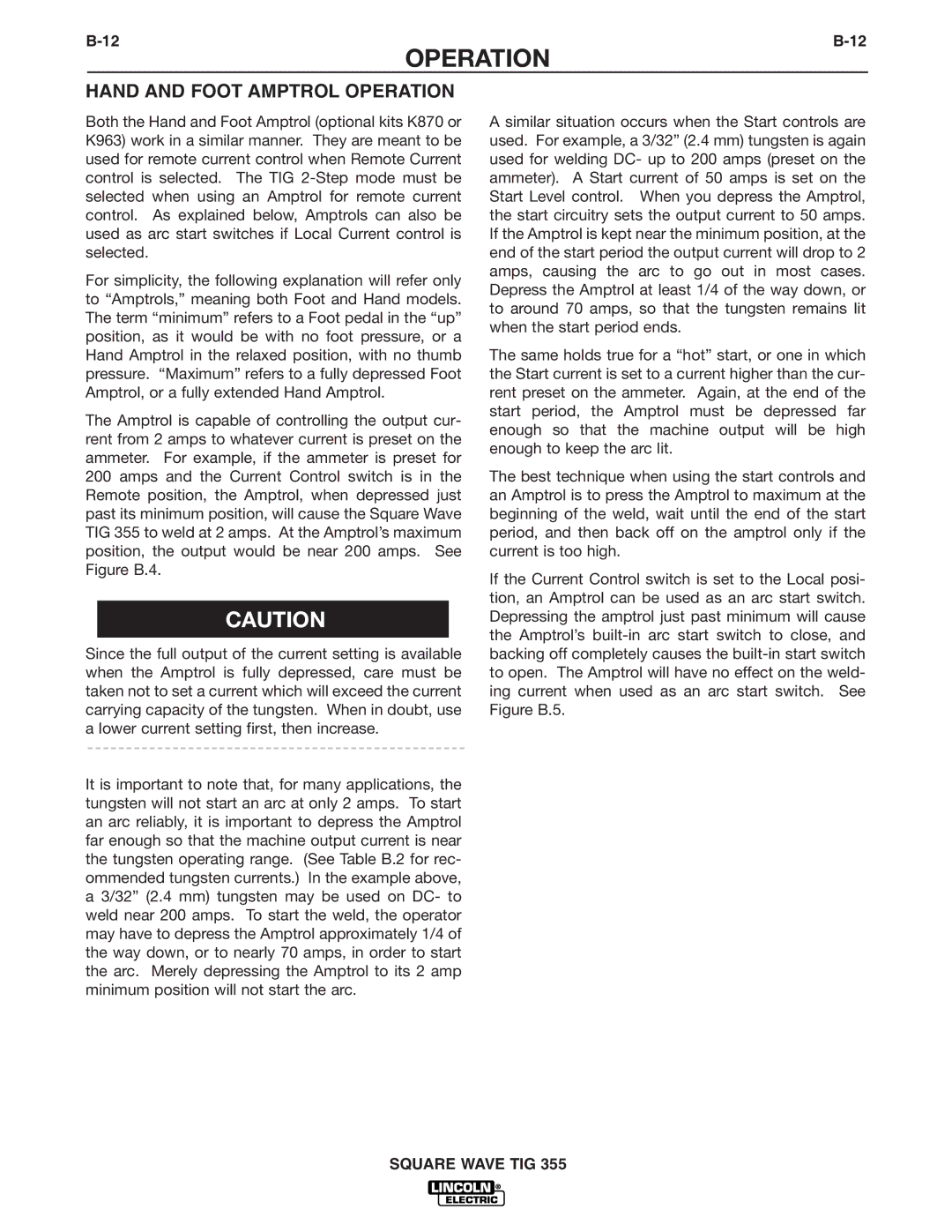 Lincoln Electric IM467-B manual Hand and Foot Amptrol Operation 