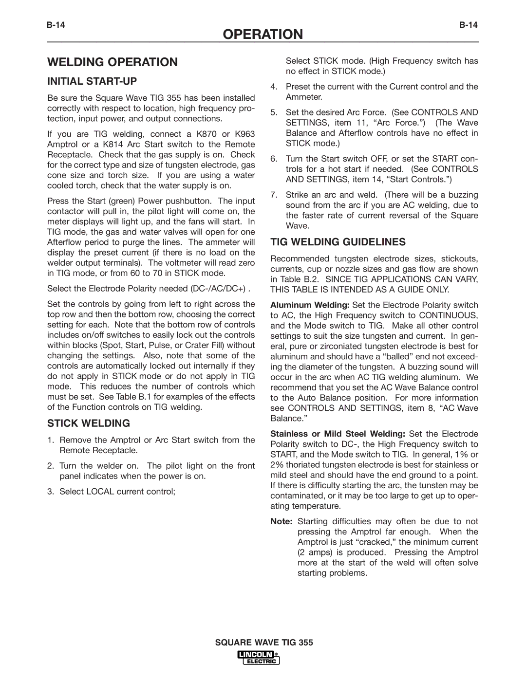 Lincoln Electric IM467-B manual Welding Operation, Initial START-UP, Stick Welding, TIG Welding Guidelines 