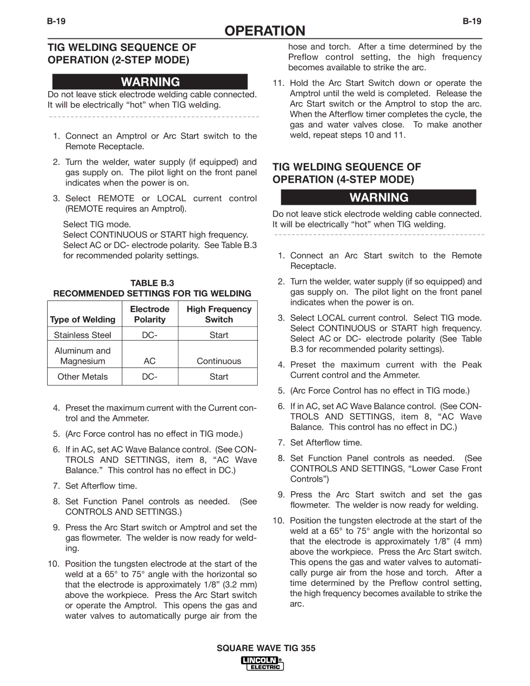 Lincoln Electric IM467-B manual TIG Welding Sequence Operation 2-STEP Mode, TIG Welding Sequence Operation 4-STEP Mode 