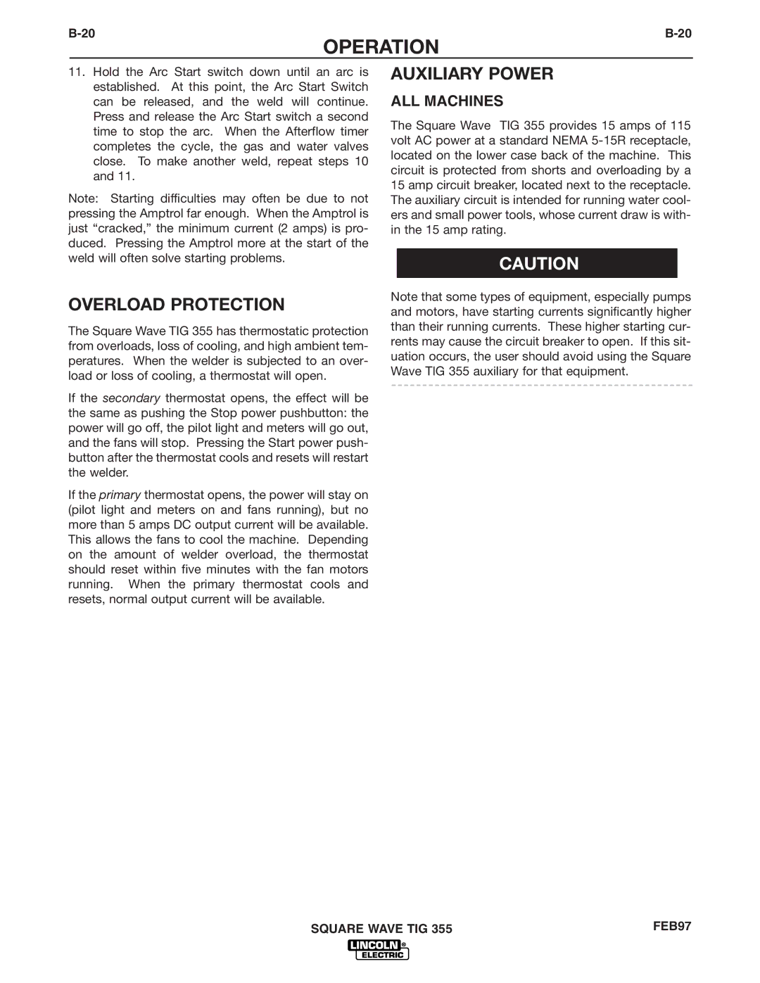 Lincoln Electric IM467-B manual Overload Protection, Auxiliary Power, ALL Machines 