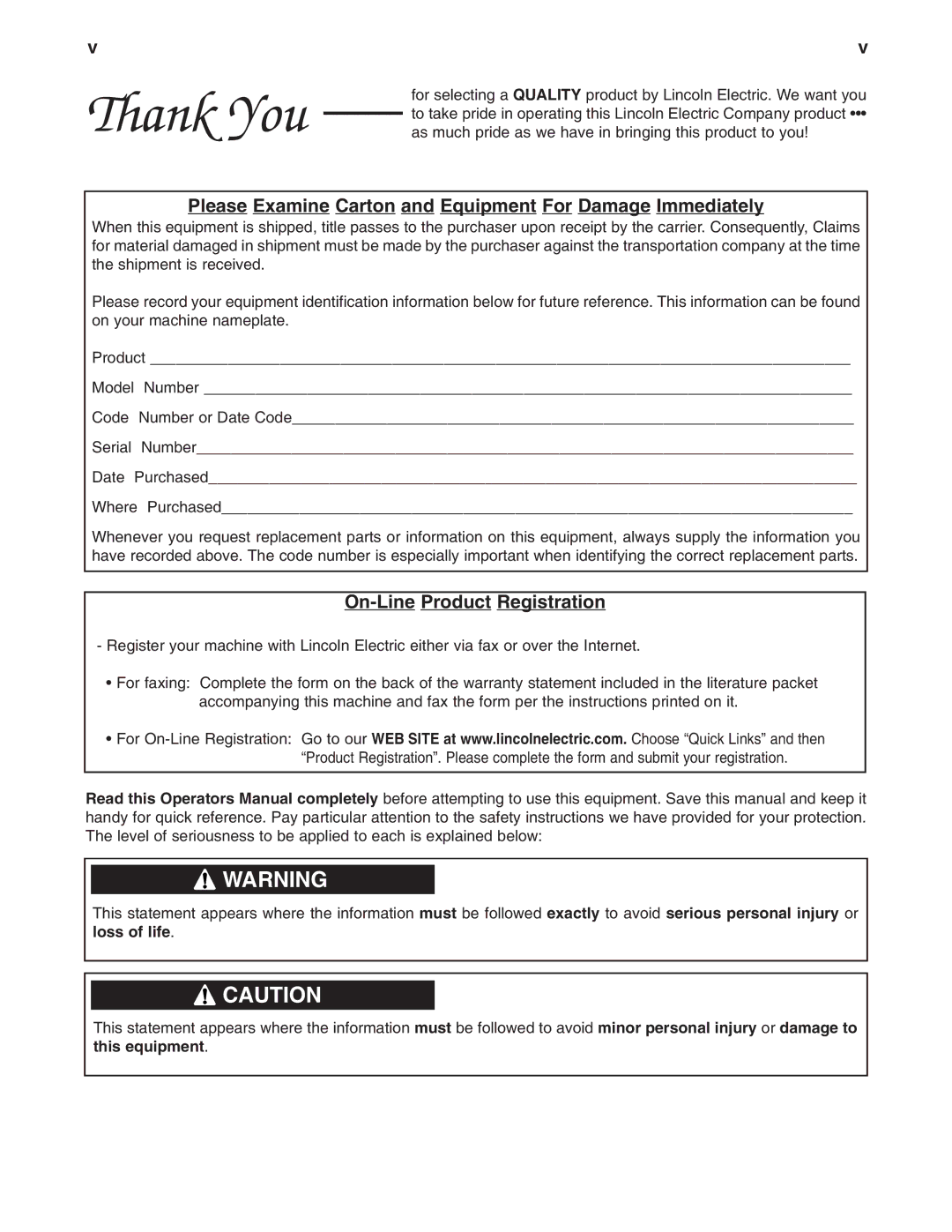 Lincoln Electric IM467-B manual Thank You 