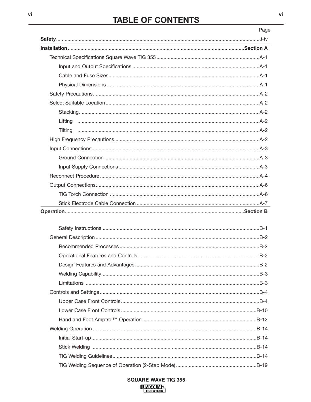 Lincoln Electric IM467-B manual Table of Contents 