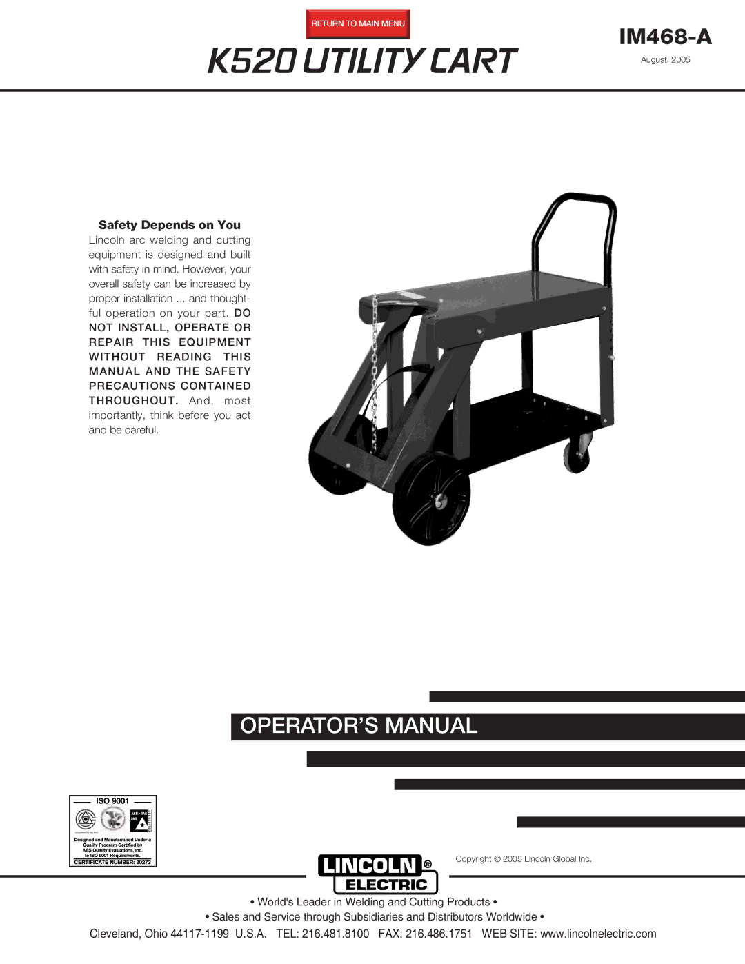 Lincoln Electric IM468-A manual K520 Utility Cart 