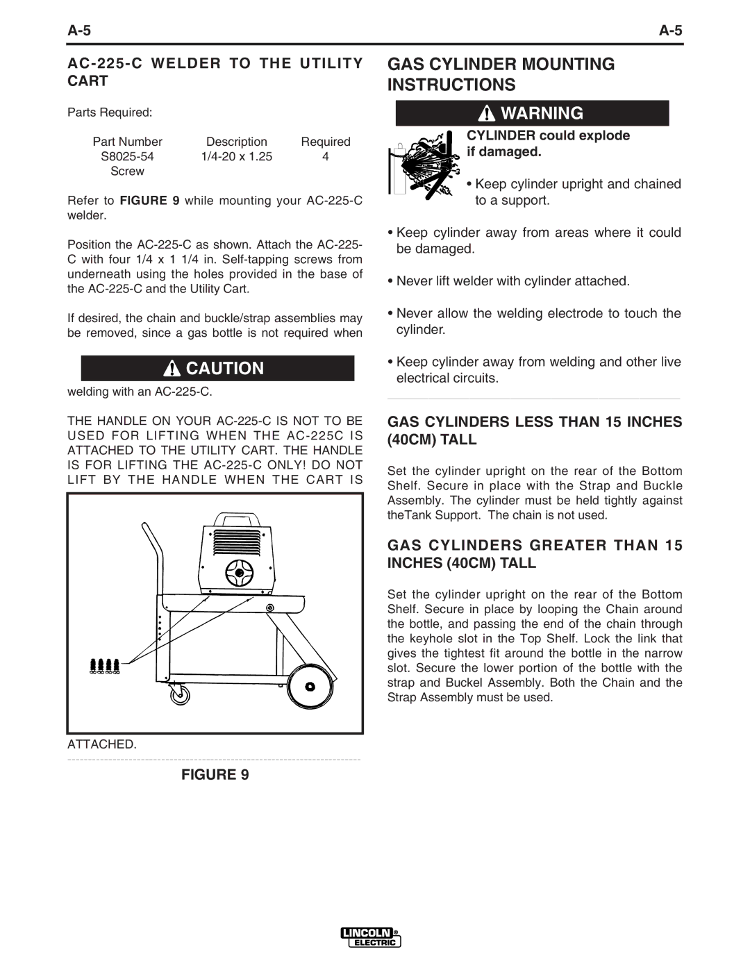 Lincoln Electric IM468-A manual GAS Cylinder Mounting Instructions, AC-225-C Welder to the Utility Cart 