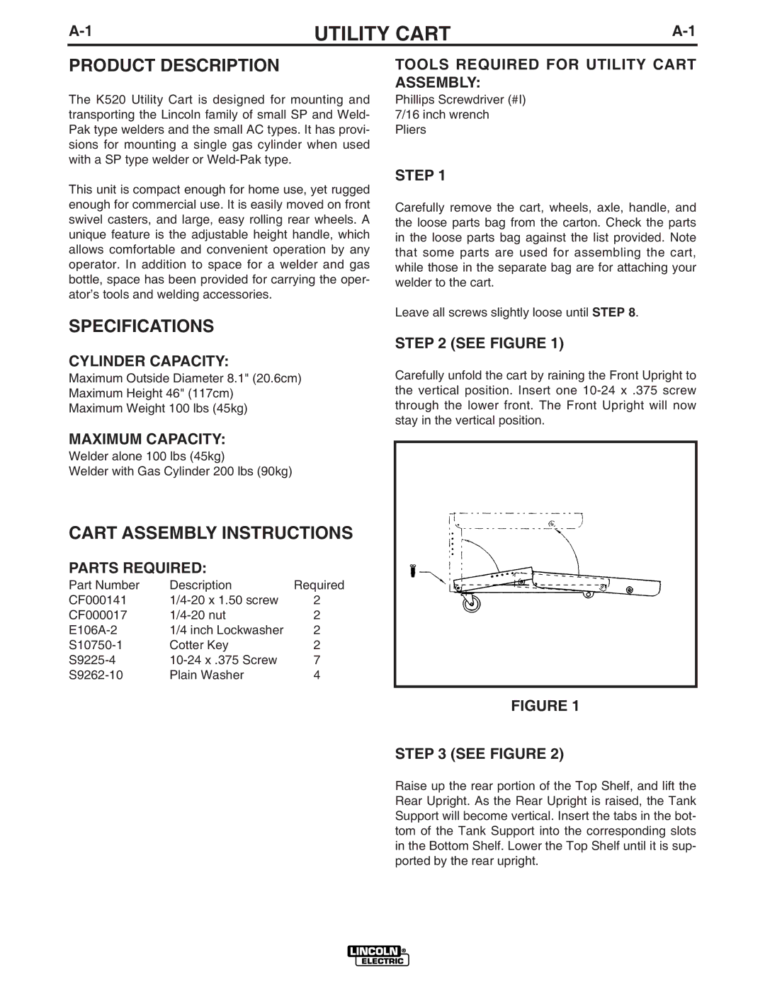 Lincoln Electric IM468-A manual Product Description, Specifications, Cart Assembly Instructions 