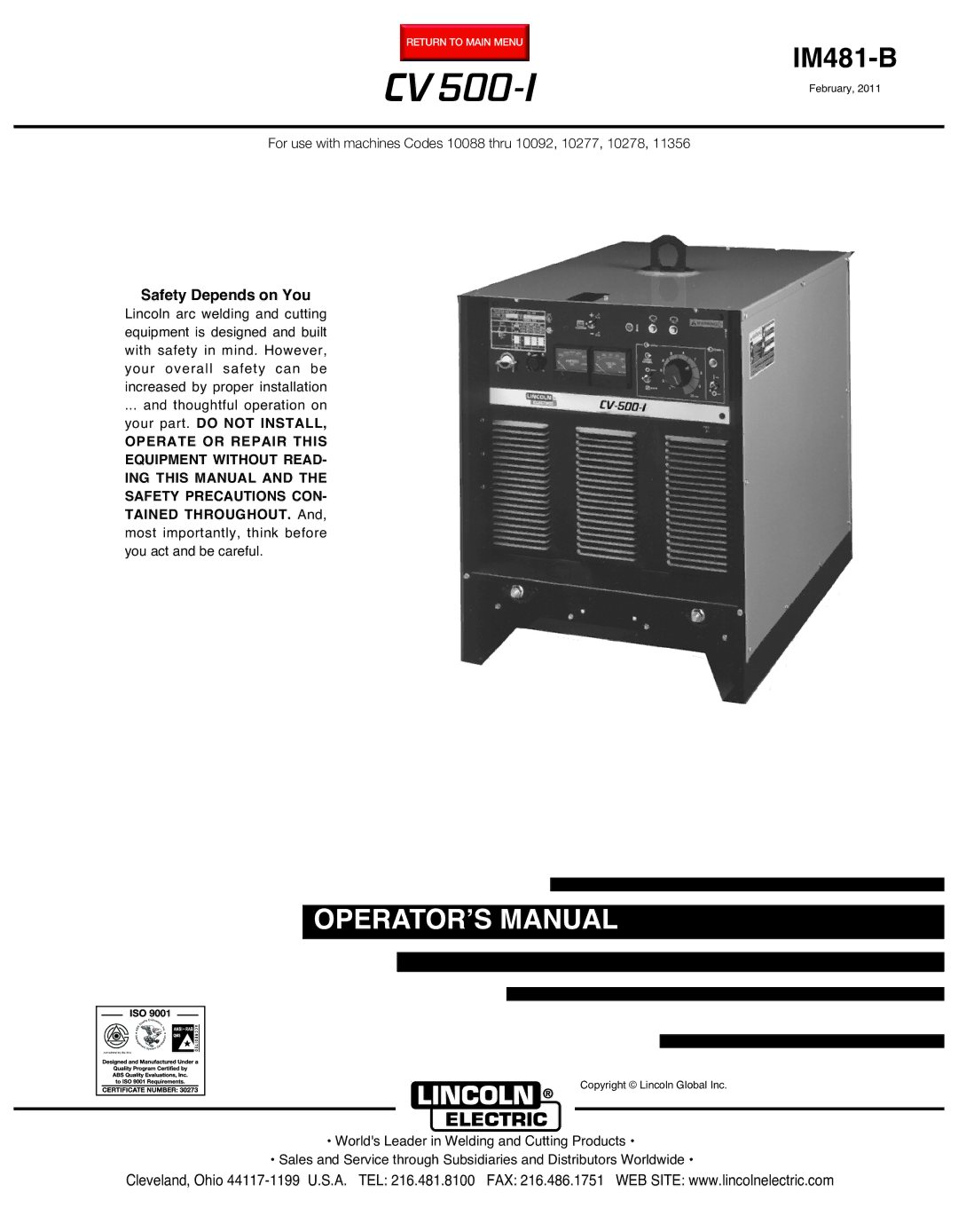 Lincoln Electric IM481-B manual Safety Depends on You 