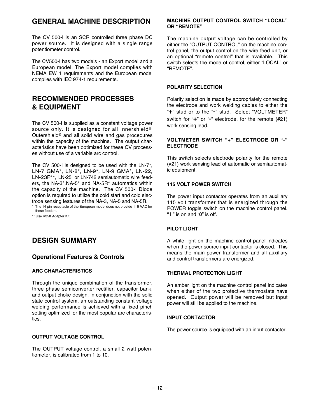 Lincoln Electric IM481-B manual General Machine Description, Recommended Processes & Equipment, Design Summary 