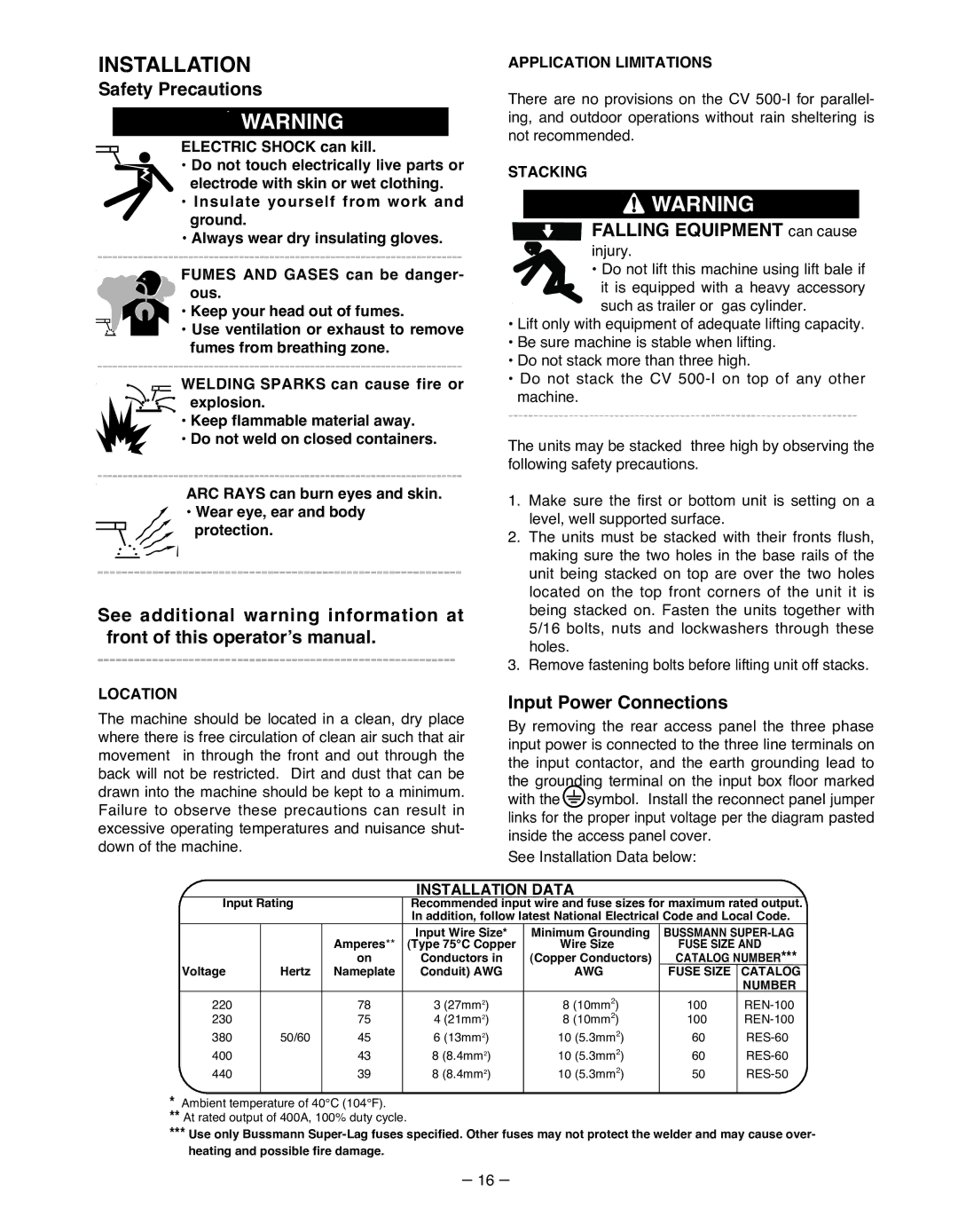 Lincoln Electric IM481-B manual Installation, Safety Precautions, FALLING EQUIPMENT can cause, Input Power Connections 