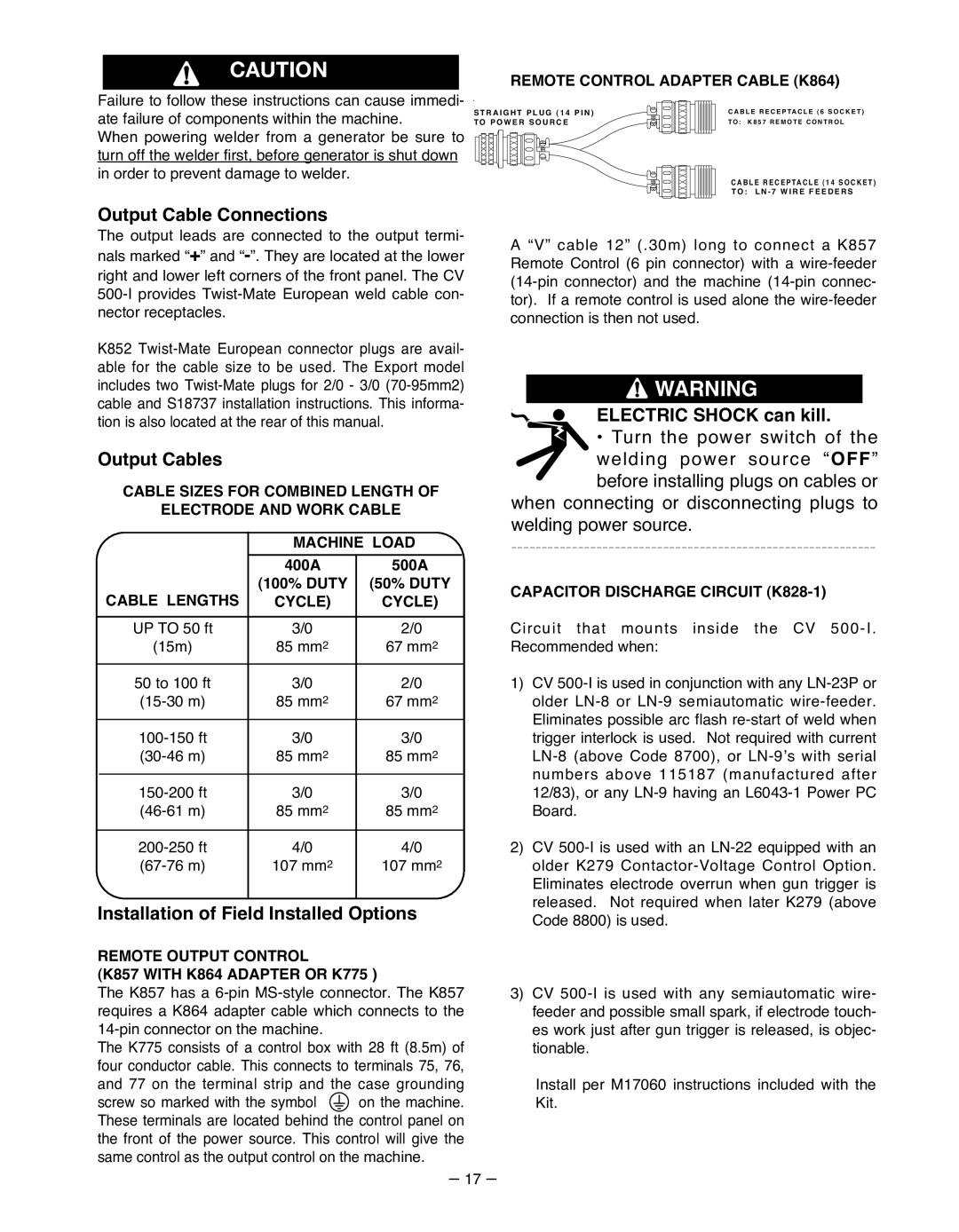 Lincoln Electric IM481-B manual Output Cable Connections, Output Cables, Installation of Field Installed Options 