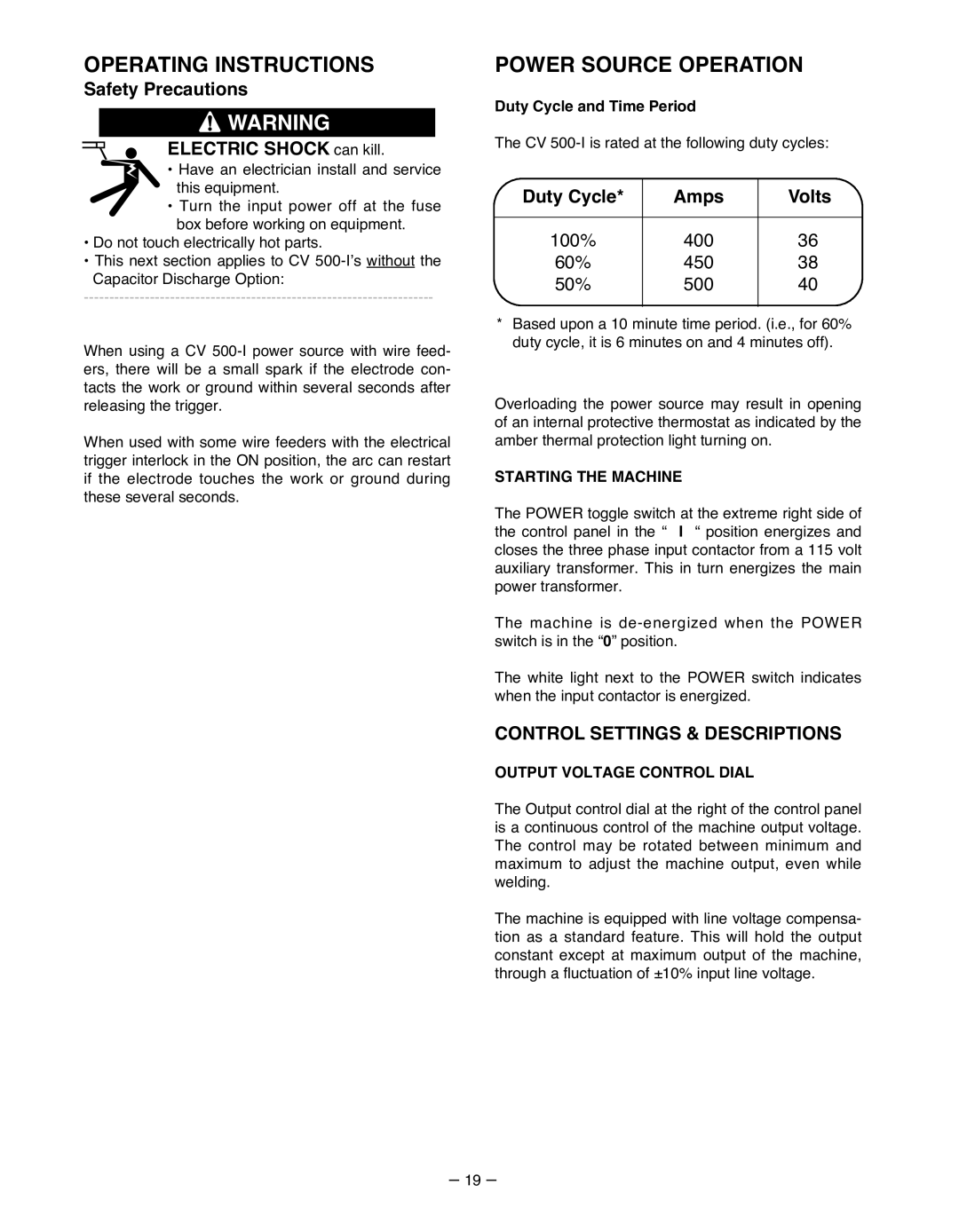 Lincoln Electric IM481-B manual Operating Instructions, Power Source Operation, Safety Precautions ELECTRIC SHOCK can kill 