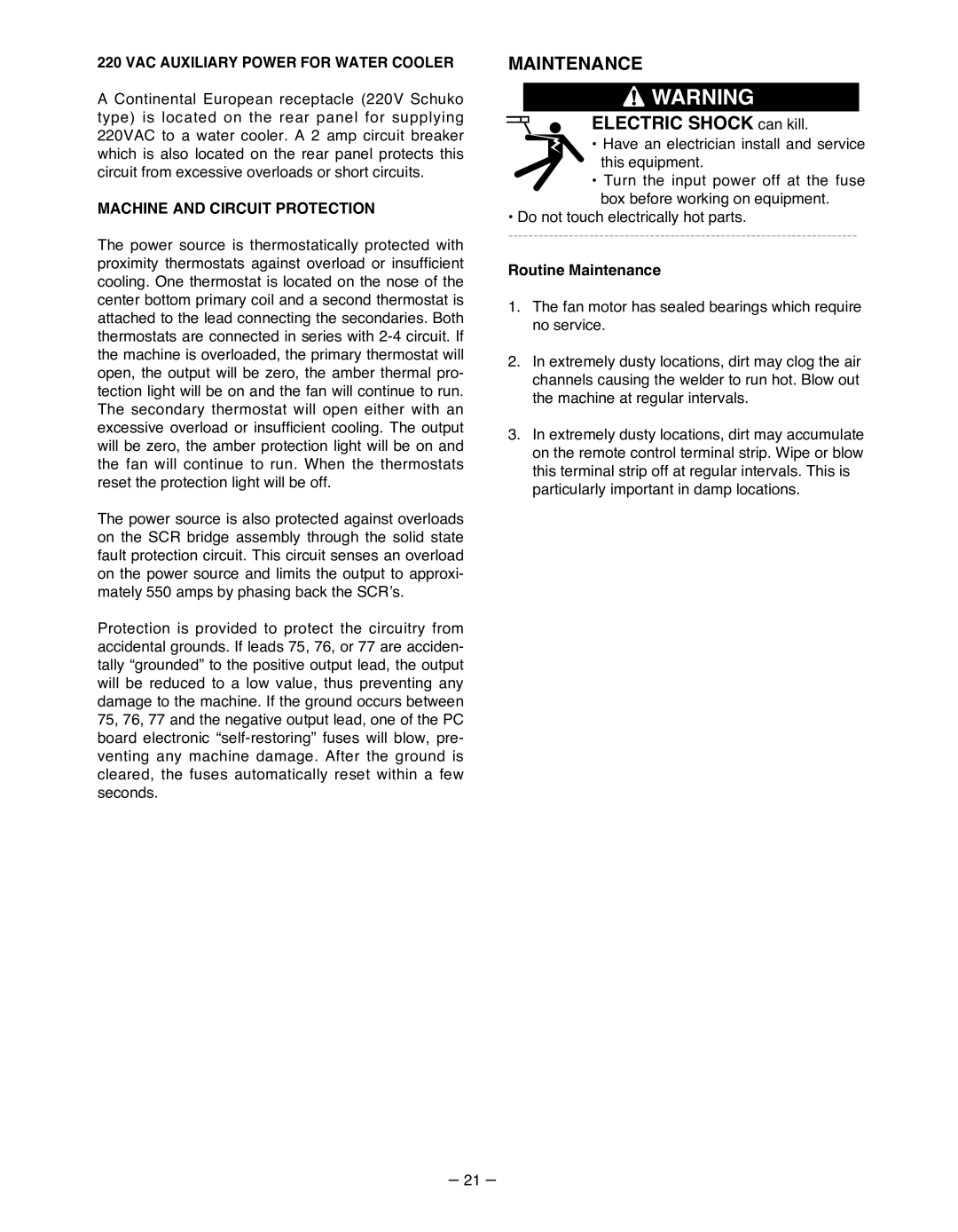 Lincoln Electric IM481-B manual VAC Auxiliary Power for Water Cooler, Machine and Circuit Protection, Routine Maintenance 