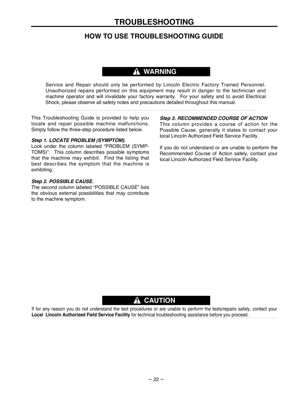 Lincoln Electric IM481-B manual HOW to USE Troubleshooting Guide 