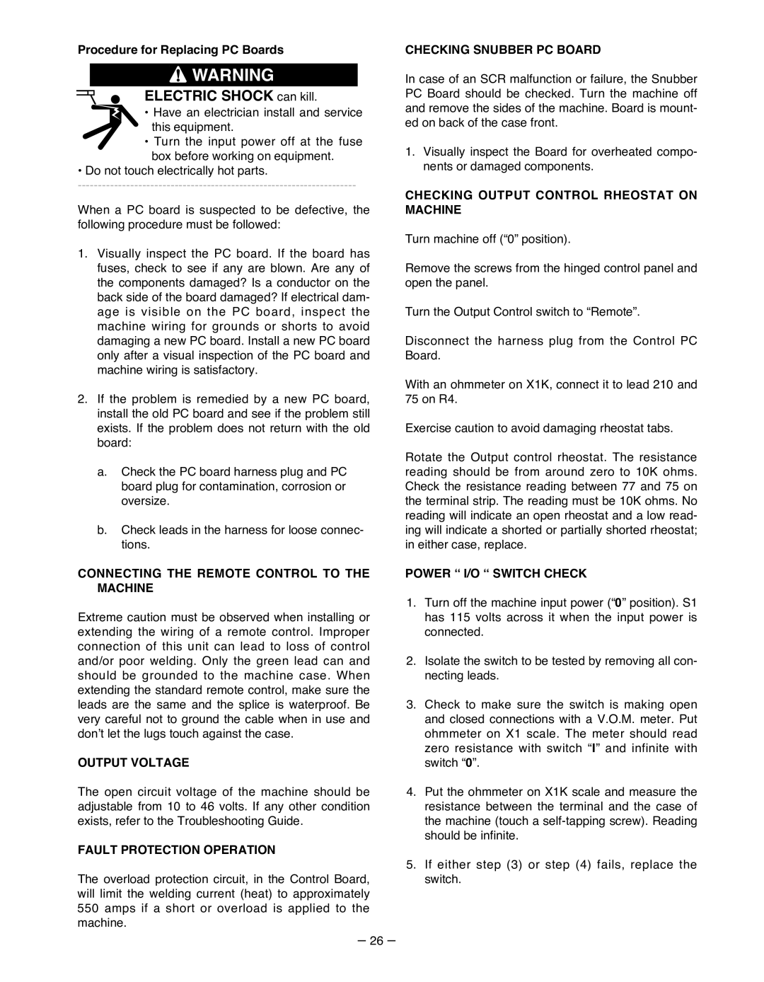 Lincoln Electric IM481-B manual Connecting the Remote Control to the Machine, Output Voltage, Fault Protection Operation 