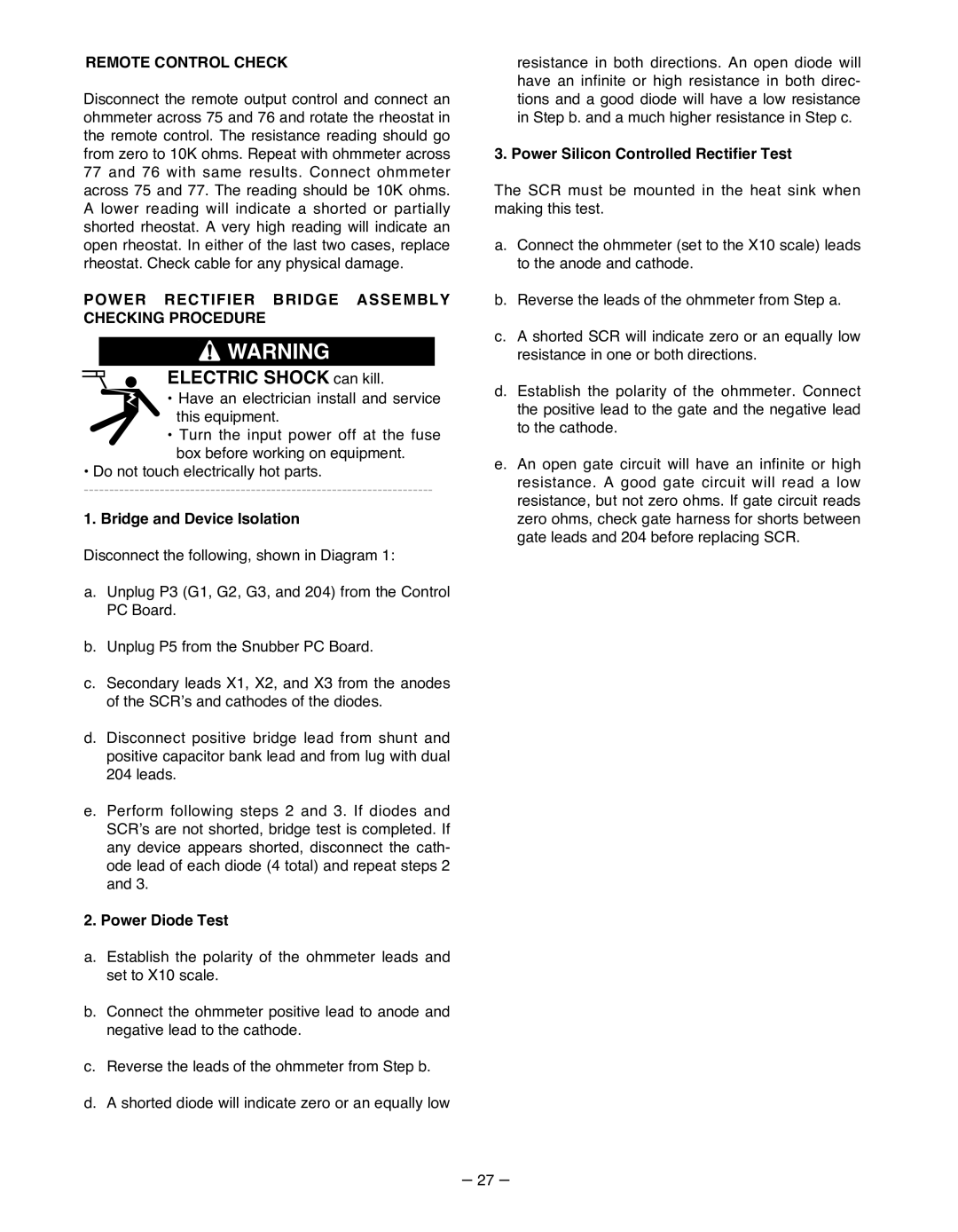 Lincoln Electric IM481-B manual Remote Control Check, Power Rectifier Bridge Assembly Checking Procedure, Power Diode Test 