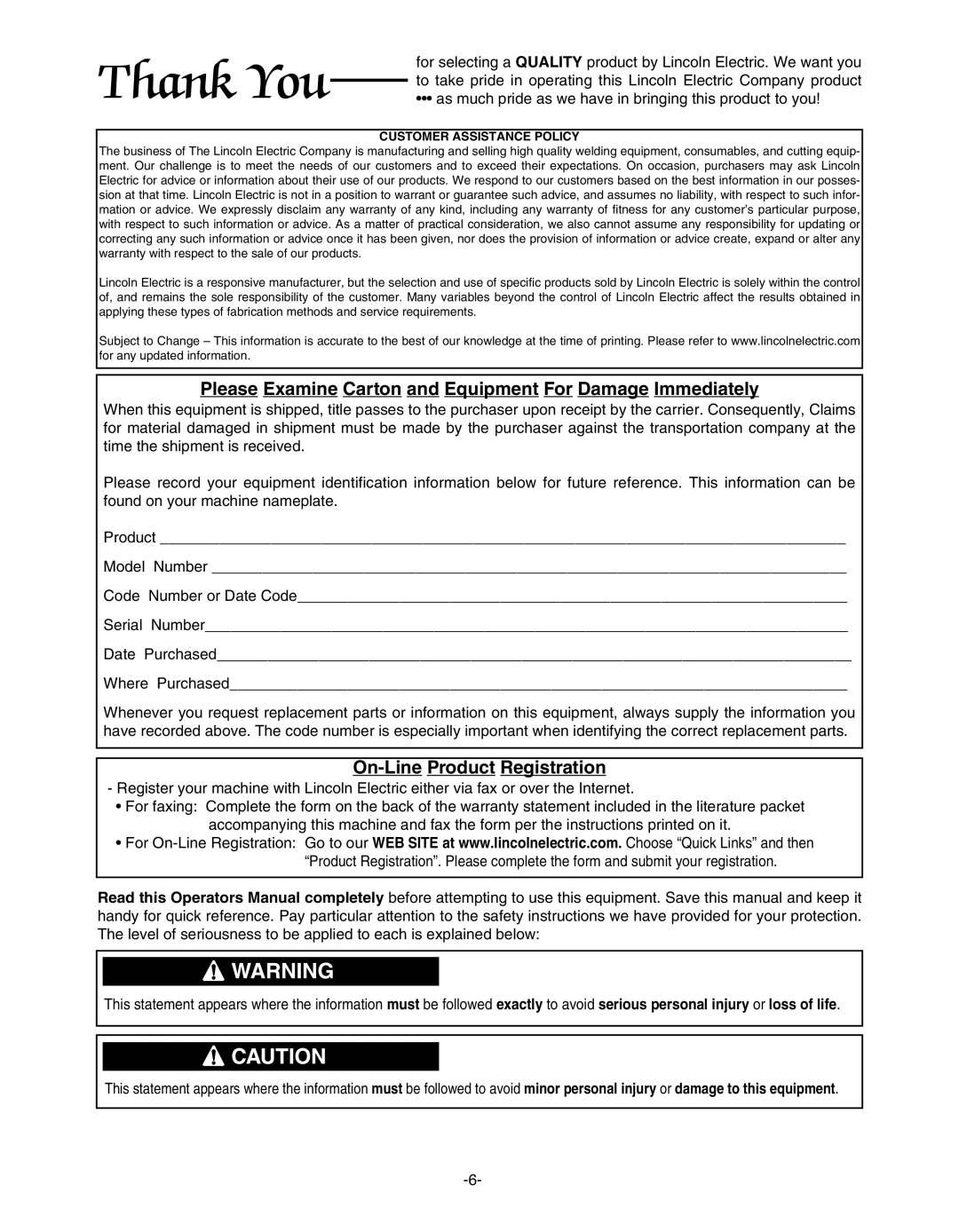 Lincoln Electric IM481-B manual Please Examine Carton and Equipment For Damage Immediately 