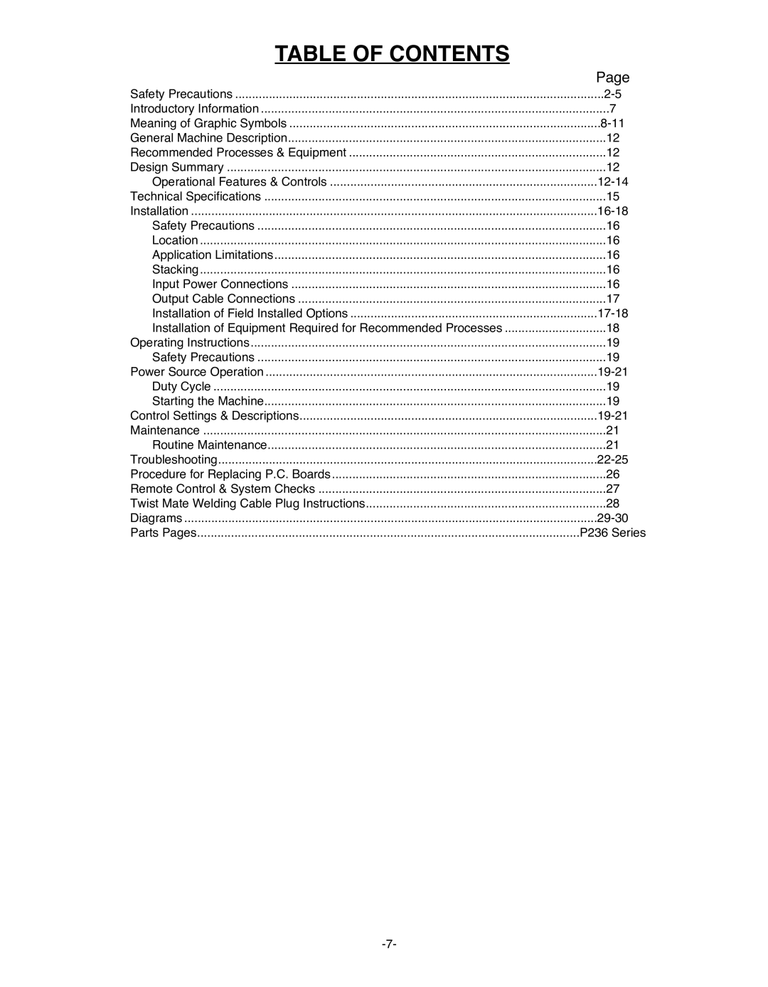 Lincoln Electric IM481-B manual Table of Contents 