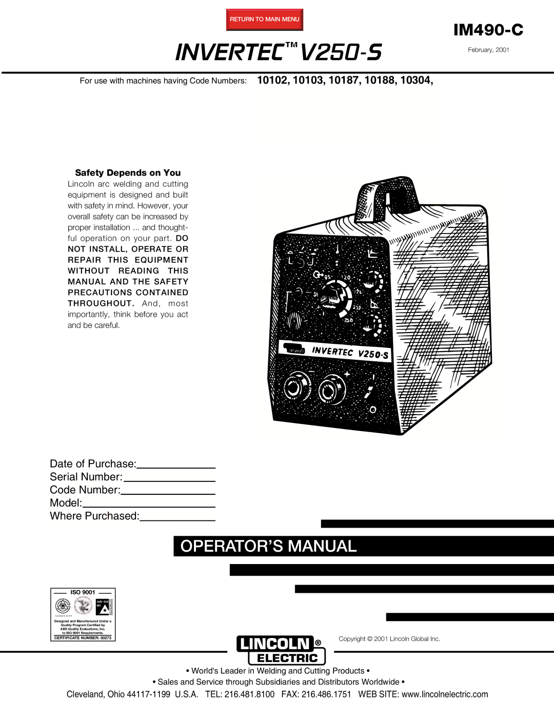 Lincoln Electric IM490-C manual INVERTECV250-SFebruary 