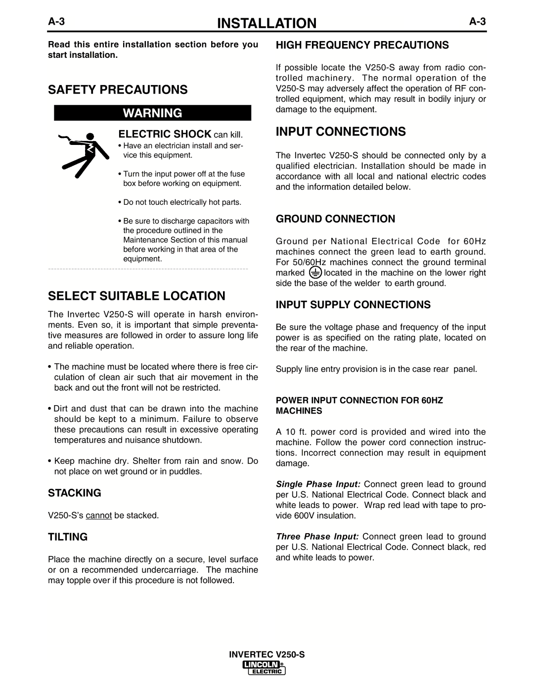 Lincoln Electric IM490-C manual Safety Precautions, Select Suitable Location, Input Connections 