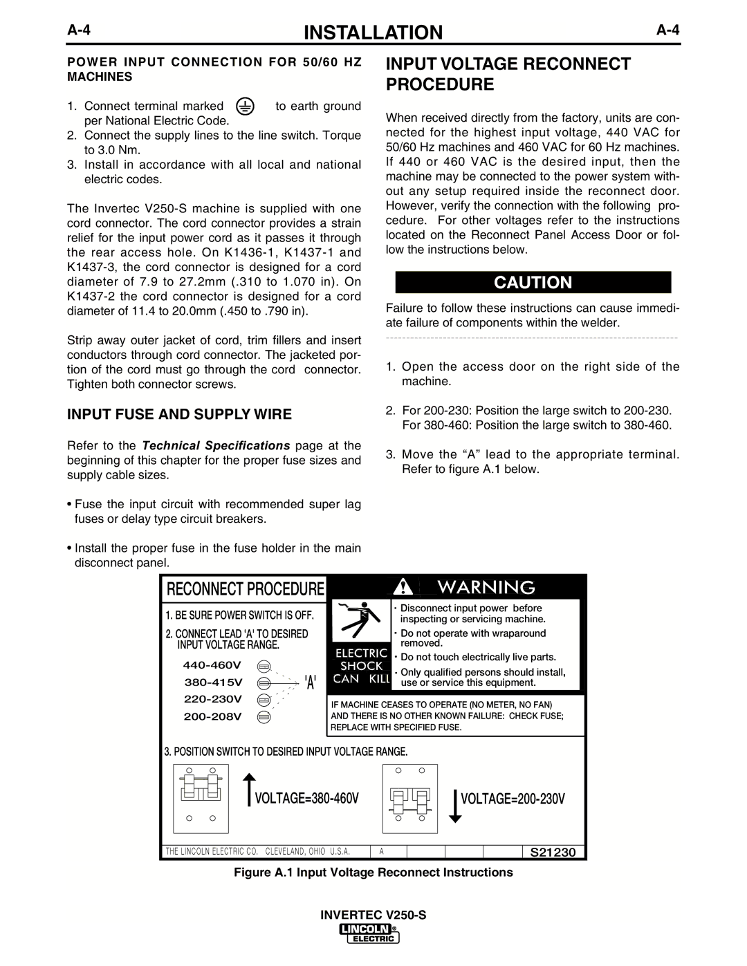 Lincoln Electric IM490-C manual Input Voltage Reconnect Procedure, Input Fuse and Supply Wire 