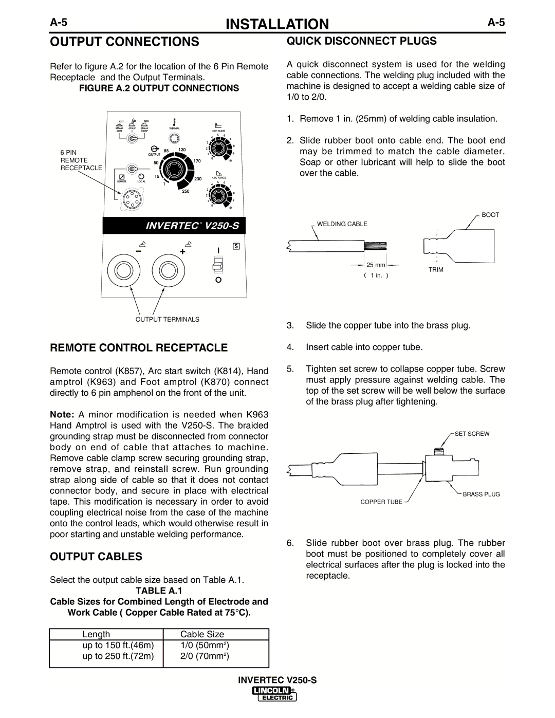 Lincoln Electric IM490-C Output Connections, Quick Disconnect Plugs, Remote Control Receptacle, Output Cables, Table A.1 