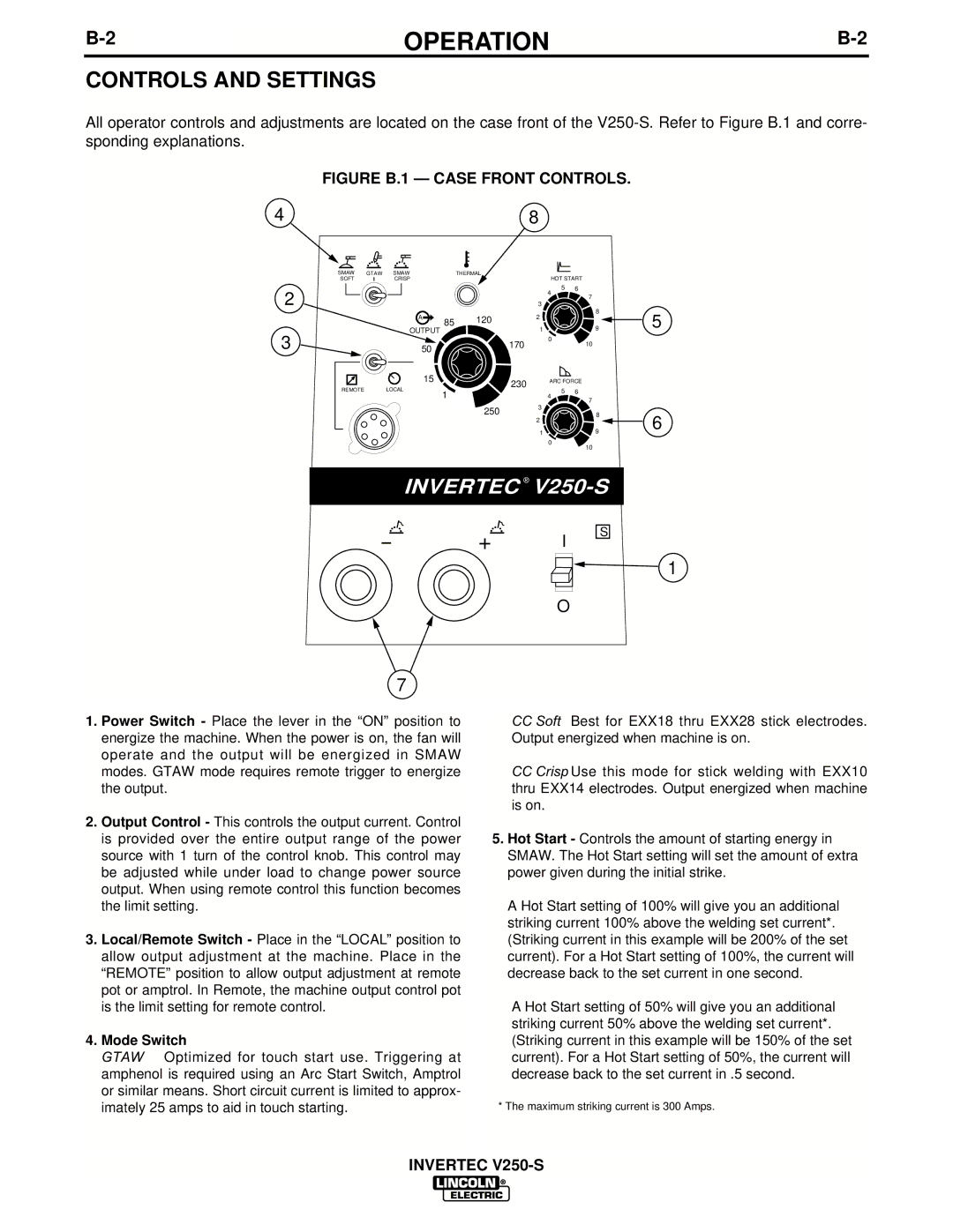 Lincoln Electric IM490-C manual Controls and Settings, Figure B.1 Case Front Controls 